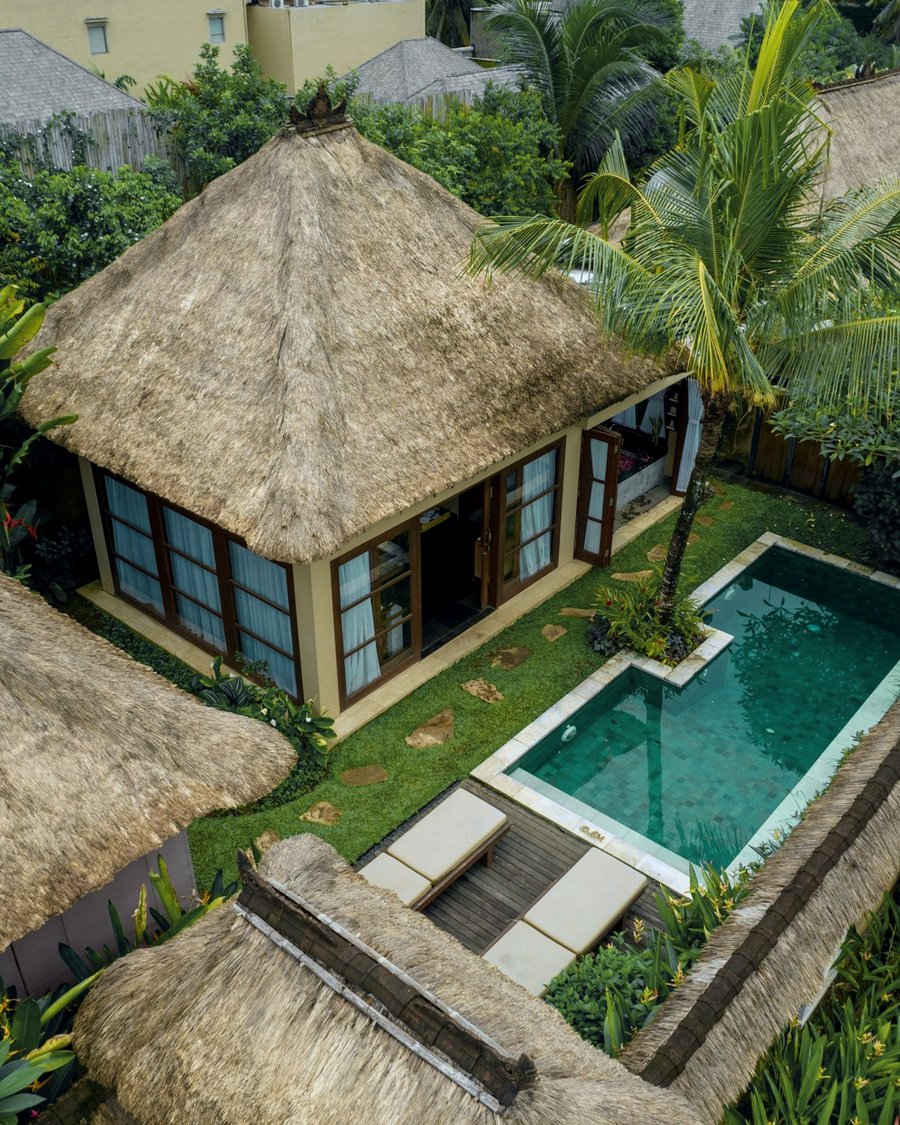 Aerial view of a thatched-roof villa with a private pool