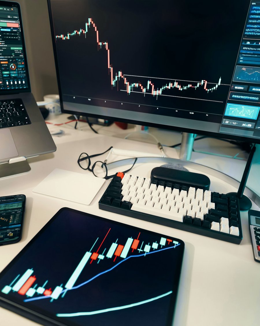 Trading screens and a tablet showing market charts